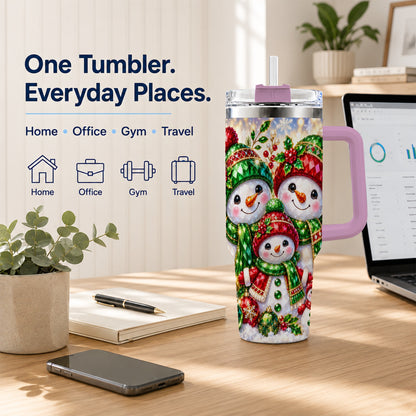 #pl[40oz|Pink] Jeweled Snowman Family 40oz Tumbler with Handle, Christmas Travel Cup