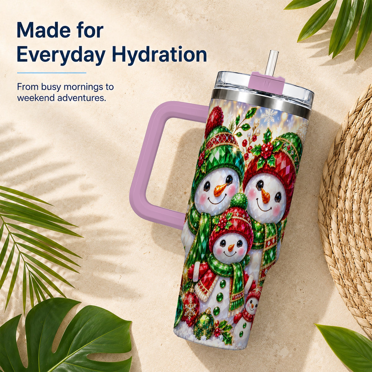 #pl[40oz|Pink] Jeweled Snowman Family 40oz Tumbler with Handle, Christmas Travel Cup