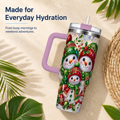 #pl[40oz|Pink] Jeweled Snowman Family 40oz Tumbler with Handle, Christmas Travel Cup