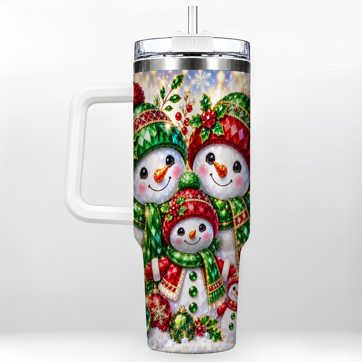 Jeweled Snowman Family 40oz Tumbler with Handle, Christmas Travel Cup