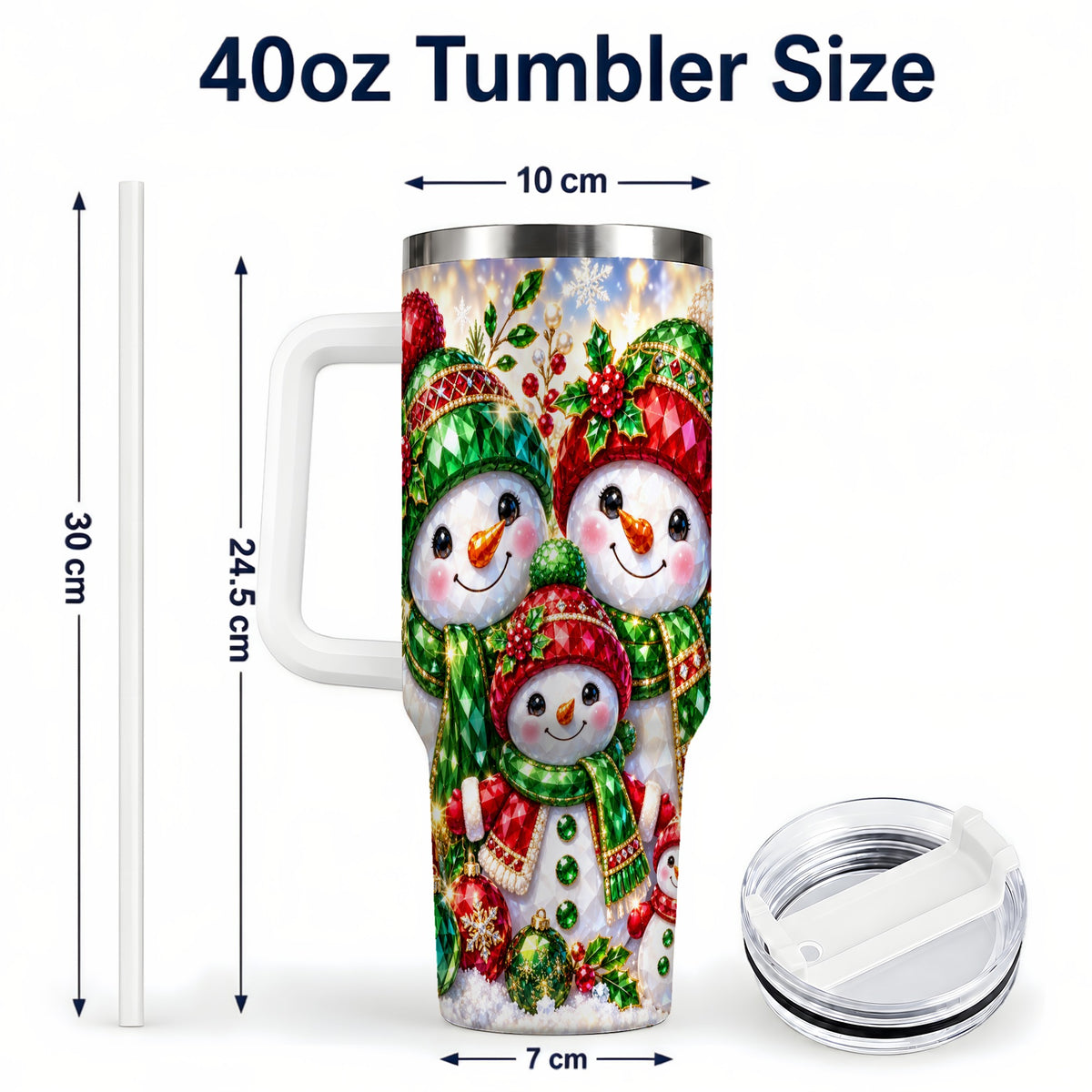 #pl[40oz|White] Jeweled Snowman Family 40oz Tumbler with Handle, Christmas Travel Cup