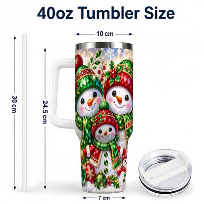 #pl[40oz|White] Jeweled Snowman Family 40oz Tumbler with Handle, Christmas Travel Cup