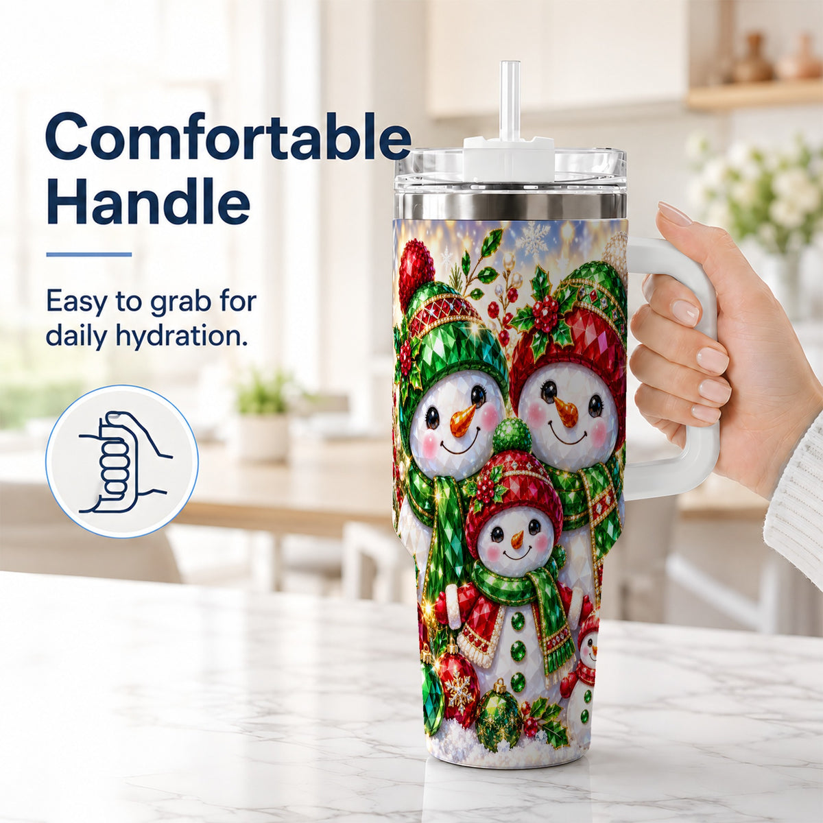 #pl[40oz|White] Jeweled Snowman Family 40oz Tumbler with Handle, Christmas Travel Cup