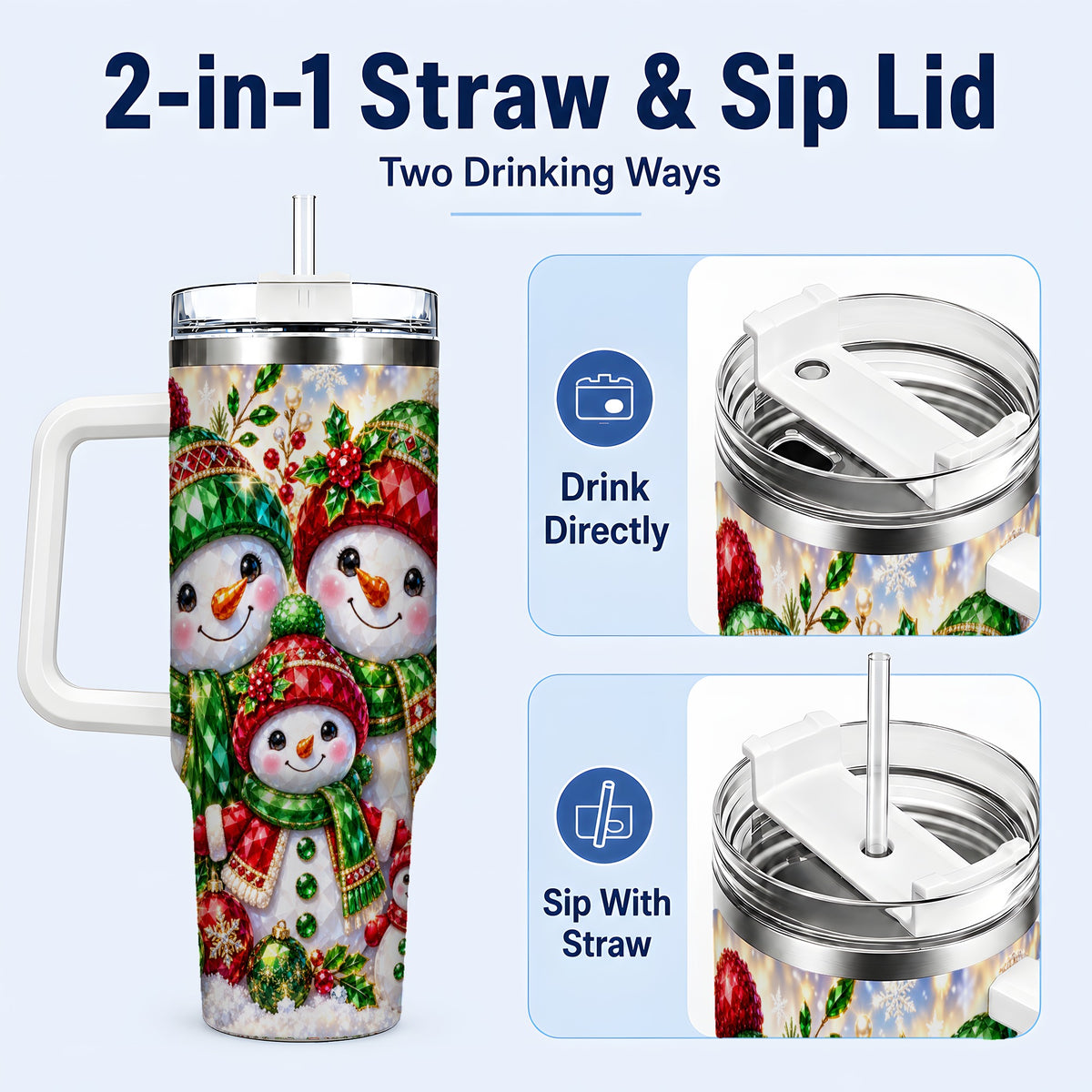 #pl[40oz|White] Jeweled Snowman Family 40oz Tumbler with Handle, Christmas Travel Cup