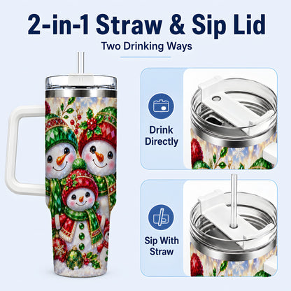 #pl[40oz|White] Jeweled Snowman Family 40oz Tumbler with Handle, Christmas Travel Cup