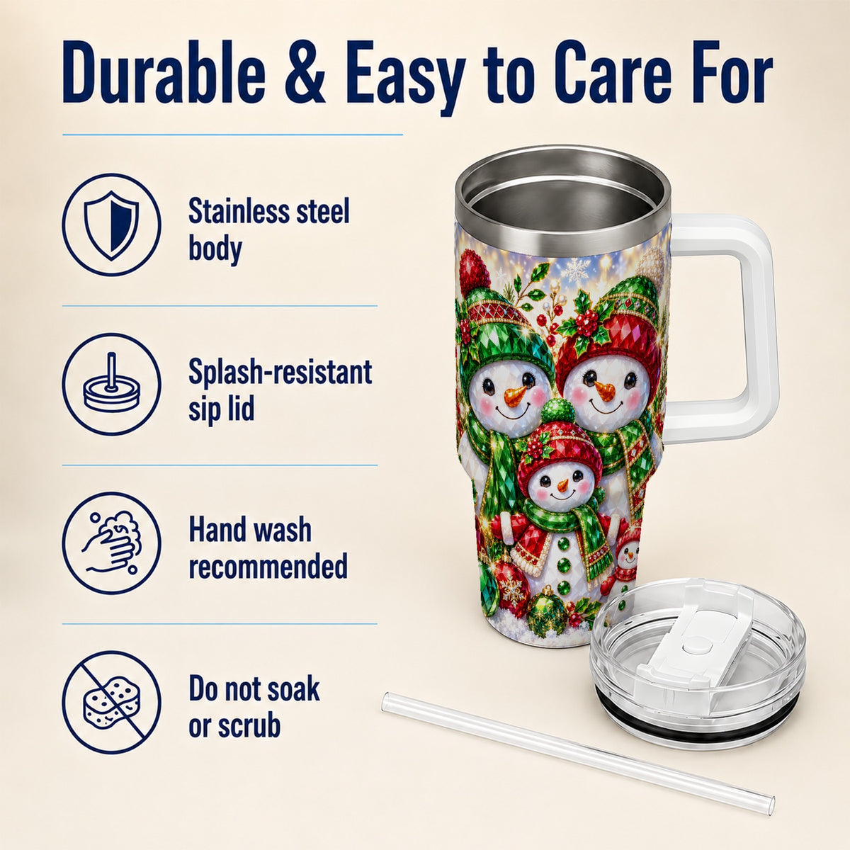 #pl[40oz|White] Jeweled Snowman Family 40oz Tumbler with Handle, Christmas Travel Cup