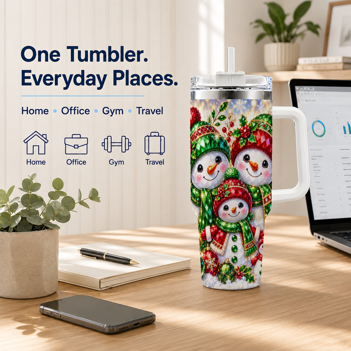 #pl[40oz|White] Jeweled Snowman Family 40oz Tumbler with Handle, Christmas Travel Cup