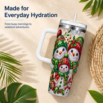 #pl[40oz|White] Jeweled Snowman Family 40oz Tumbler with Handle, Christmas Travel Cup