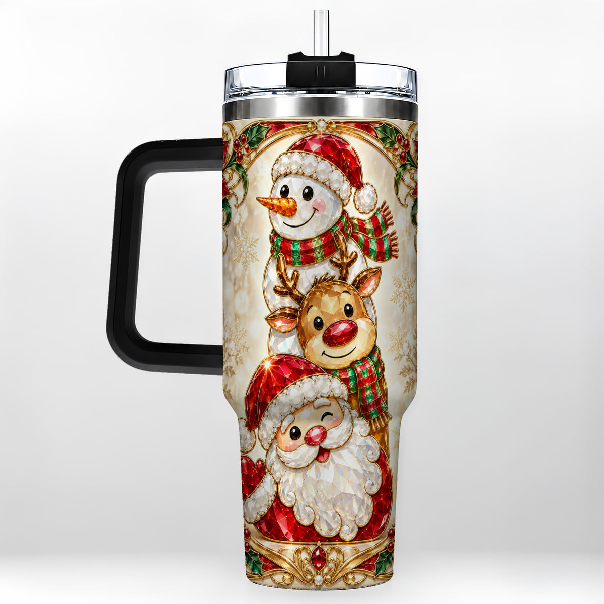 #pl[40oz|Black] Santa Reindeer Snowman 40oz Tumbler with Handle, Holiday Travel Cup