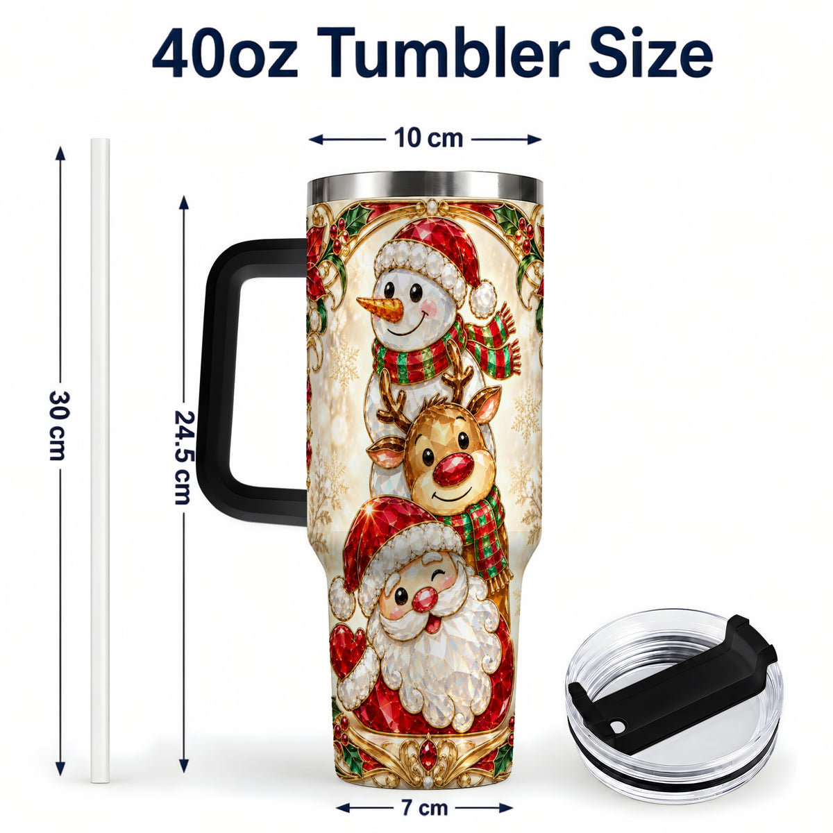 #pl[40oz|Black] Santa Reindeer Snowman 40oz Tumbler with Handle, Holiday Travel Cup