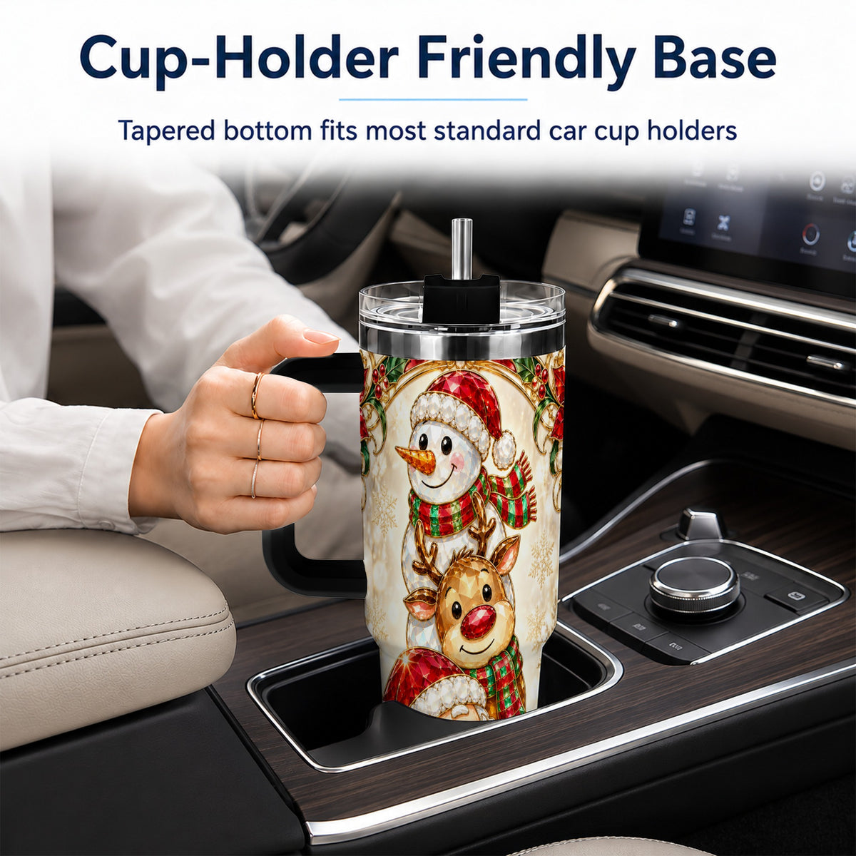 #pl[40oz|Black] Santa Reindeer Snowman 40oz Tumbler with Handle, Holiday Travel Cup