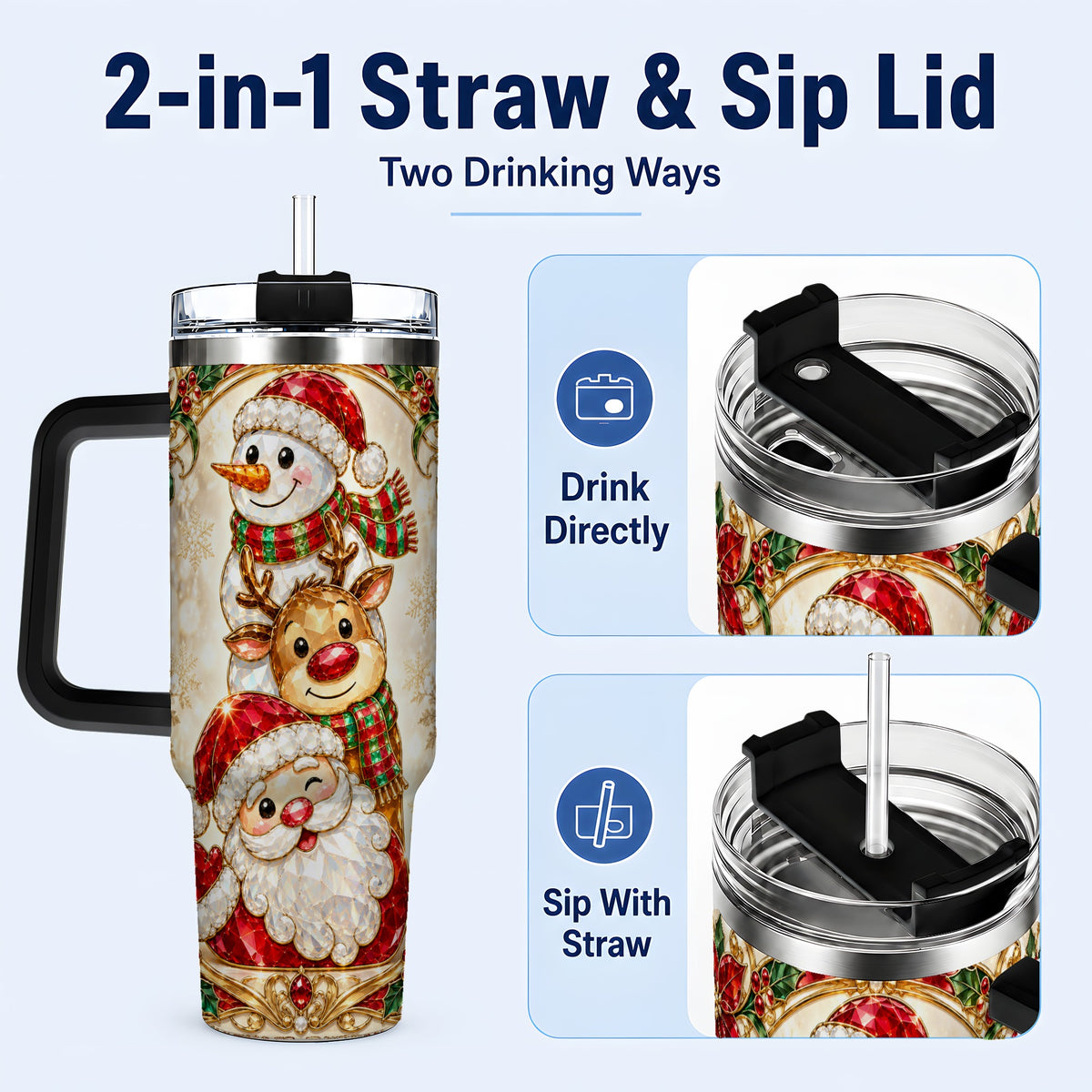 #pl[40oz|Black] Santa Reindeer Snowman 40oz Tumbler with Handle, Holiday Travel Cup