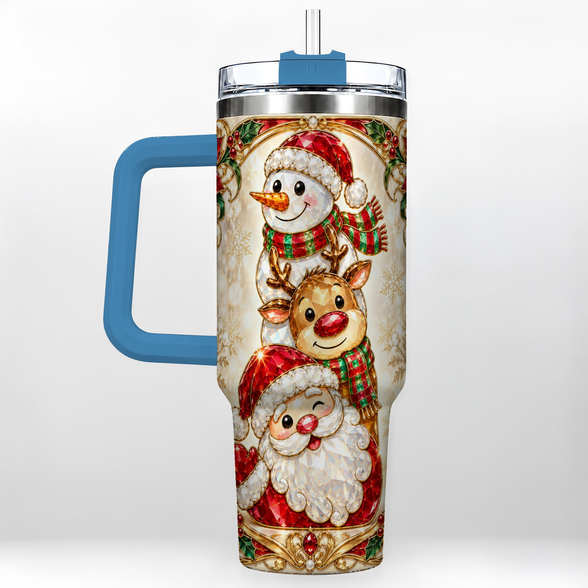 #pl[40oz|Blue] Santa Reindeer Snowman 40oz Tumbler with Handle, Holiday Travel Cup