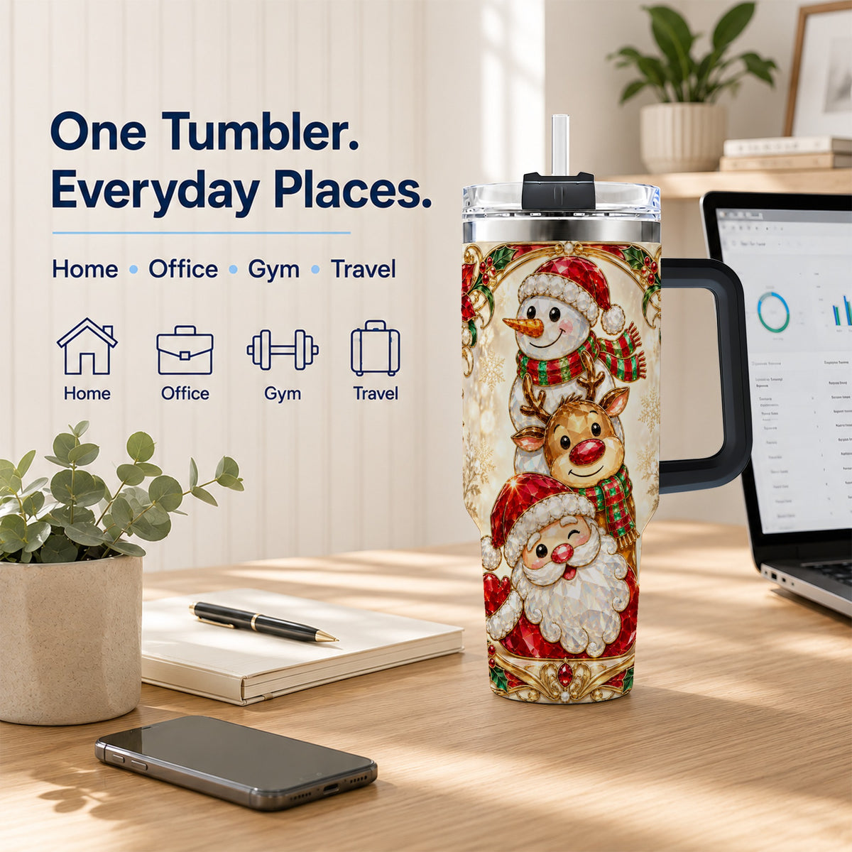 #pl[40oz|Black] Santa Reindeer Snowman 40oz Tumbler with Handle, Holiday Travel Cup