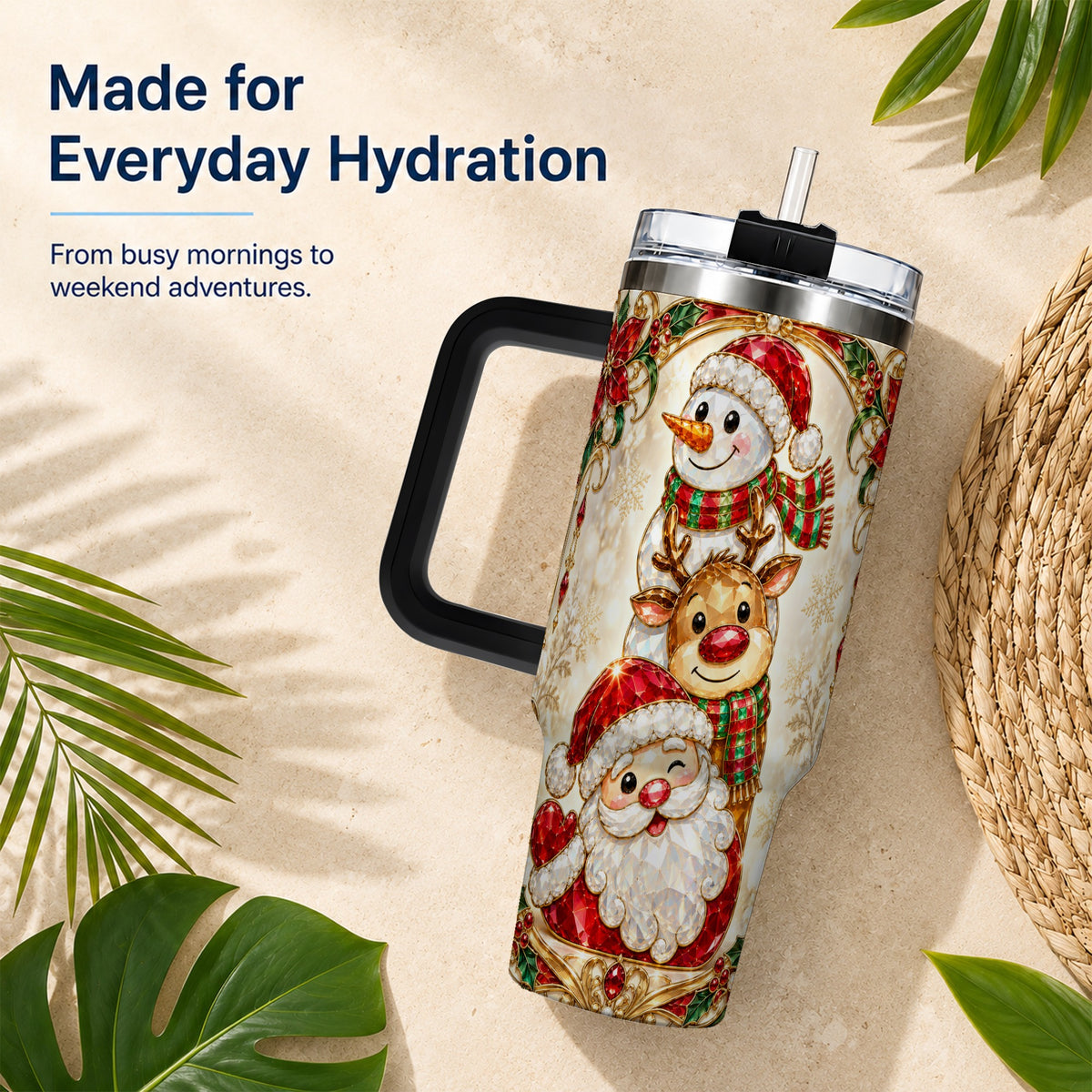 #pl[40oz|Black] Santa Reindeer Snowman 40oz Tumbler with Handle, Holiday Travel Cup
