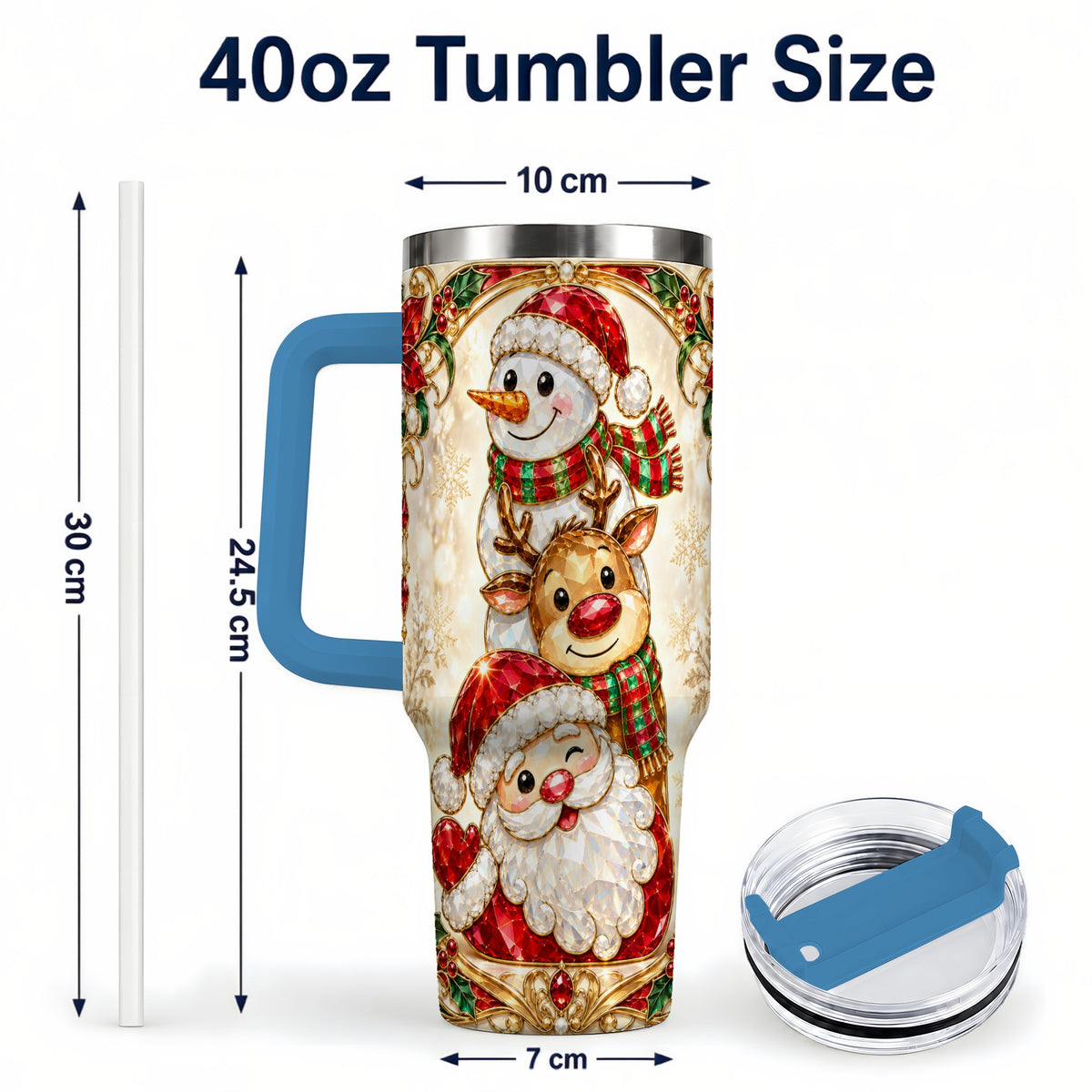 #pl[40oz|Blue] Santa Reindeer Snowman 40oz Tumbler with Handle, Holiday Travel Cup