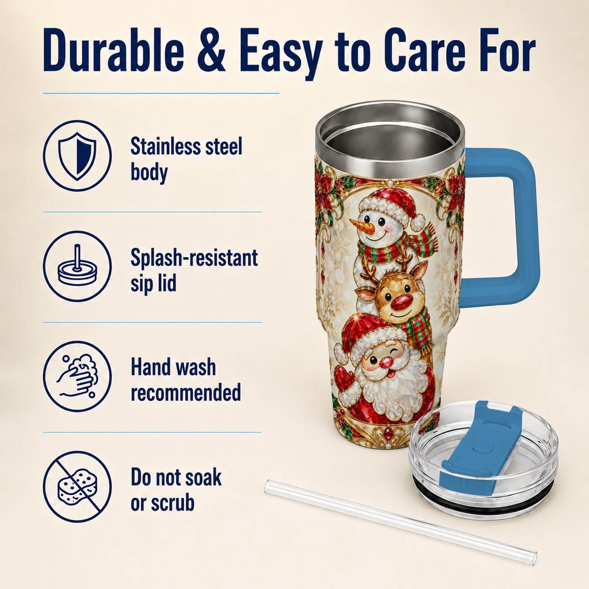 #pl[40oz|Blue] Santa Reindeer Snowman 40oz Tumbler with Handle, Holiday Travel Cup