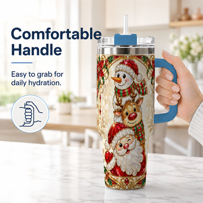#pl[40oz|Blue] Santa Reindeer Snowman 40oz Tumbler with Handle, Holiday Travel Cup