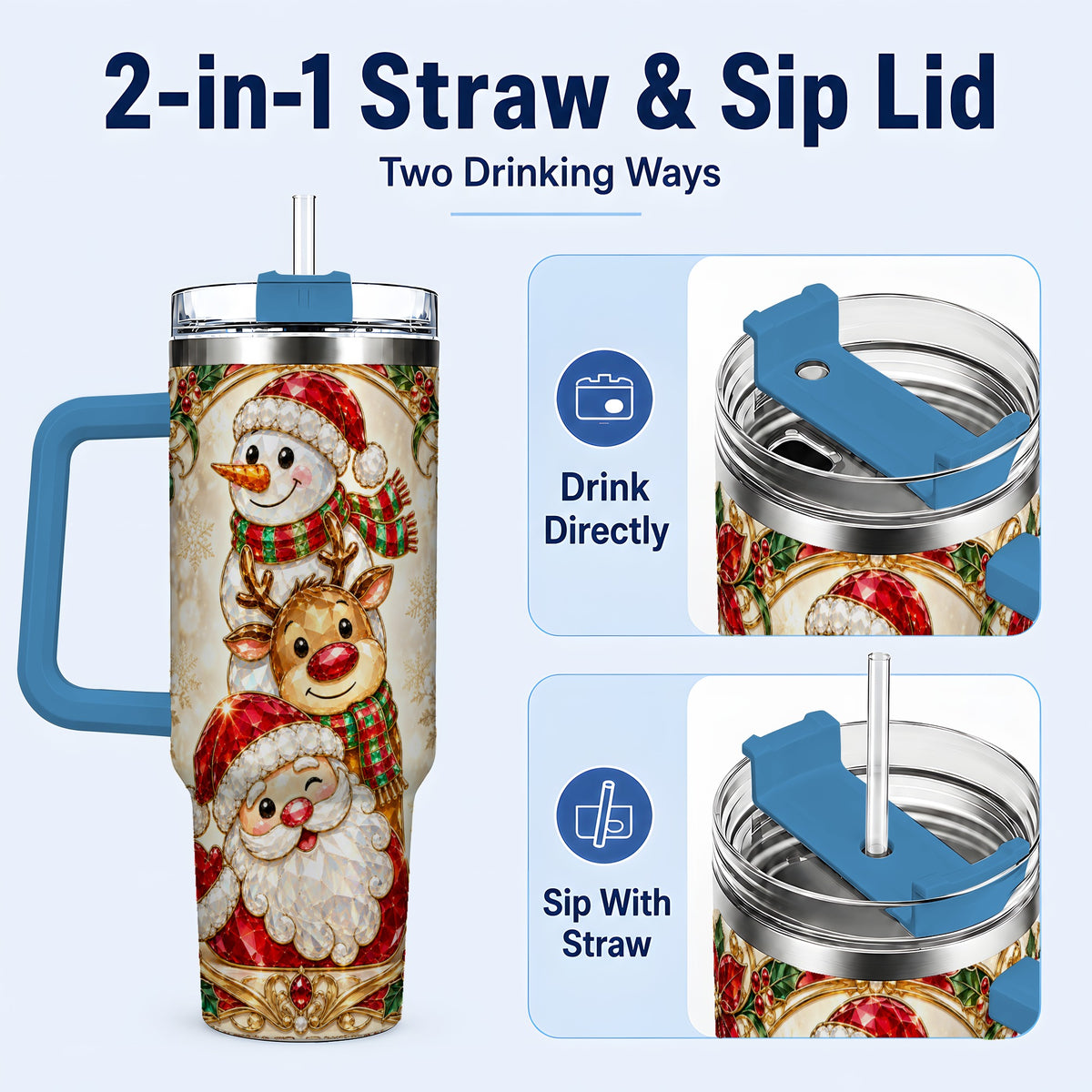 #pl[40oz|Blue] Santa Reindeer Snowman 40oz Tumbler with Handle, Holiday Travel Cup