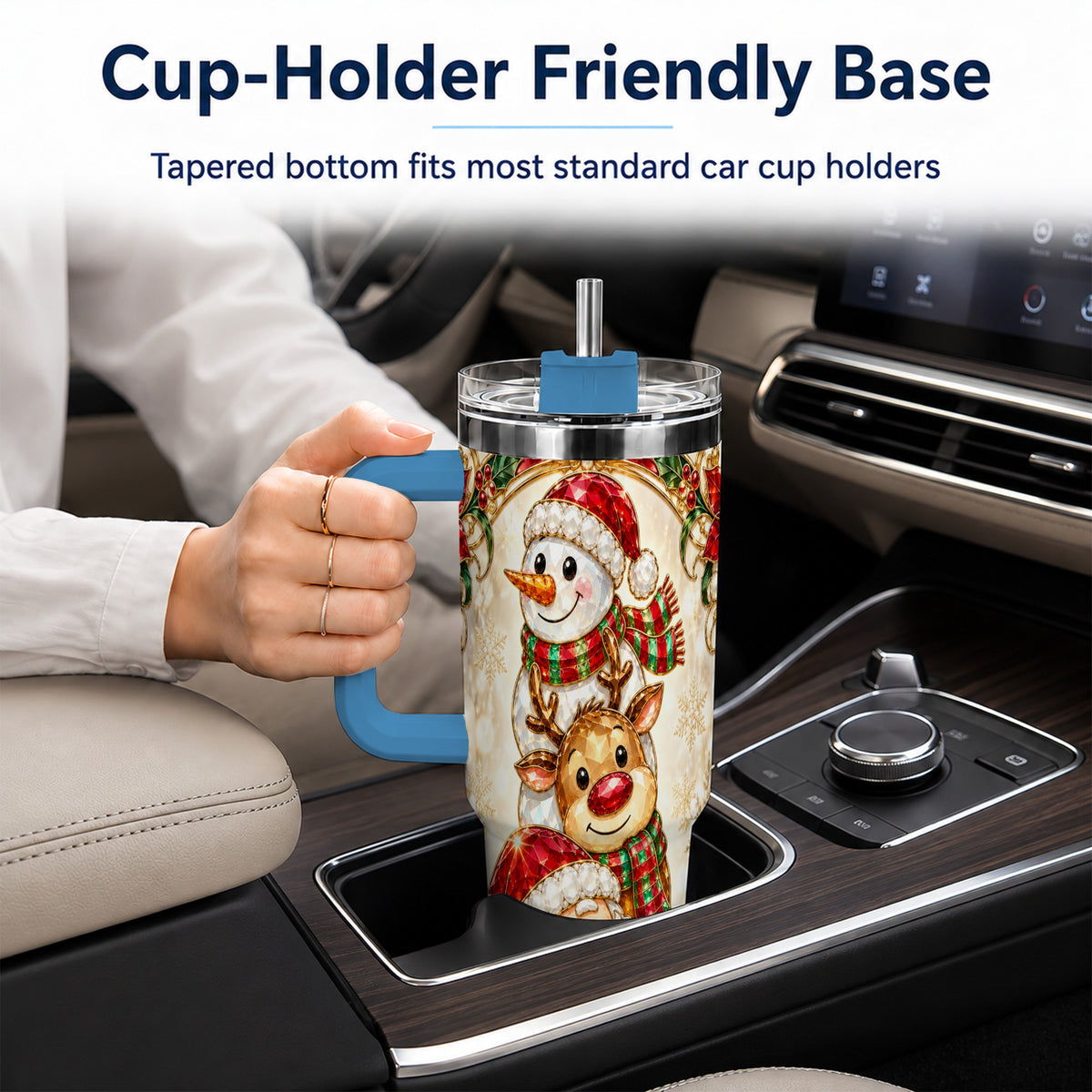 #pl[40oz|Blue] Santa Reindeer Snowman 40oz Tumbler with Handle, Holiday Travel Cup