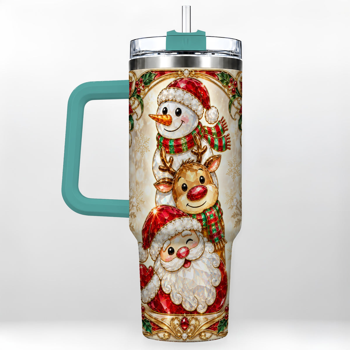 #pl[40oz|Green] Santa Reindeer Snowman 40oz Tumbler with Handle, Holiday Travel Cup