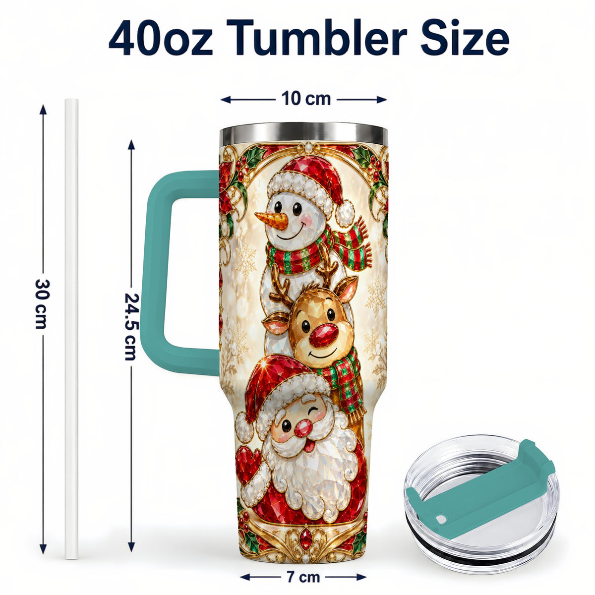 #pl[40oz|Green] Santa Reindeer Snowman 40oz Tumbler with Handle, Holiday Travel Cup