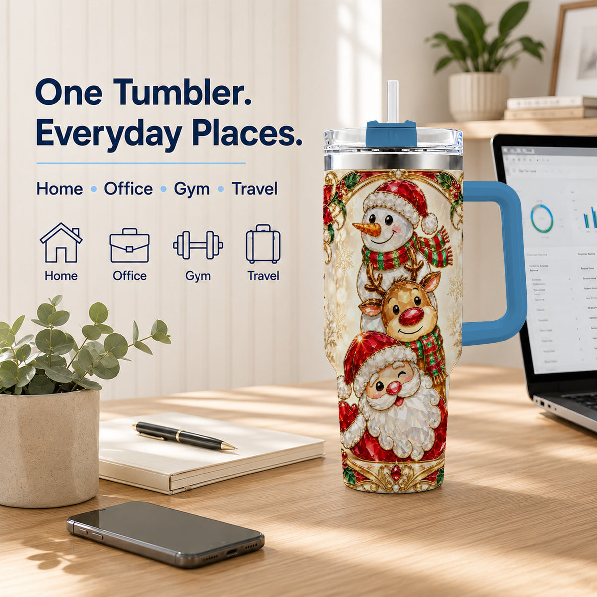 #pl[40oz|Blue] Santa Reindeer Snowman 40oz Tumbler with Handle, Holiday Travel Cup