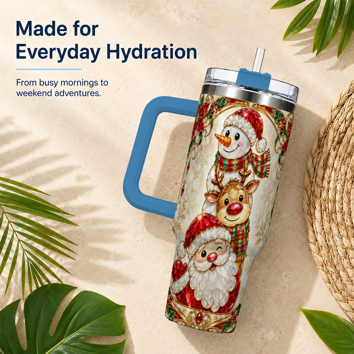 #pl[40oz|Blue] Santa Reindeer Snowman 40oz Tumbler with Handle, Holiday Travel Cup