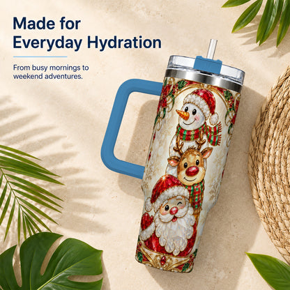 #pl[40oz|Blue] Santa Reindeer Snowman 40oz Tumbler with Handle, Holiday Travel Cup