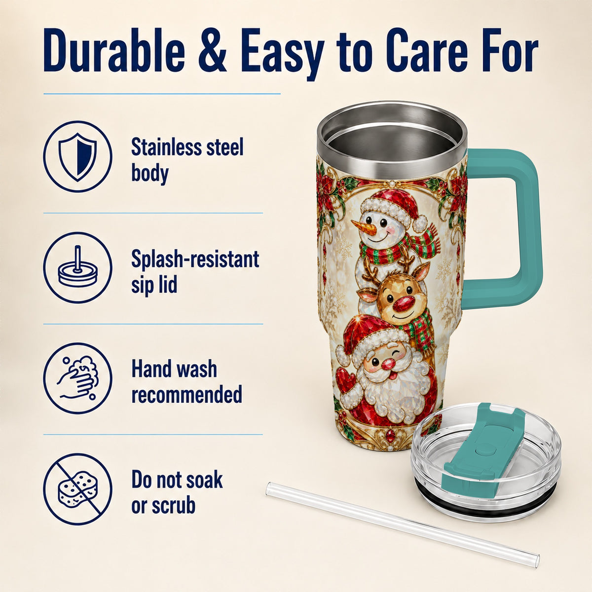 #pl[40oz|Green] Santa Reindeer Snowman 40oz Tumbler with Handle, Holiday Travel Cup