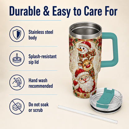 #pl[40oz|Green] Santa Reindeer Snowman 40oz Tumbler with Handle, Holiday Travel Cup