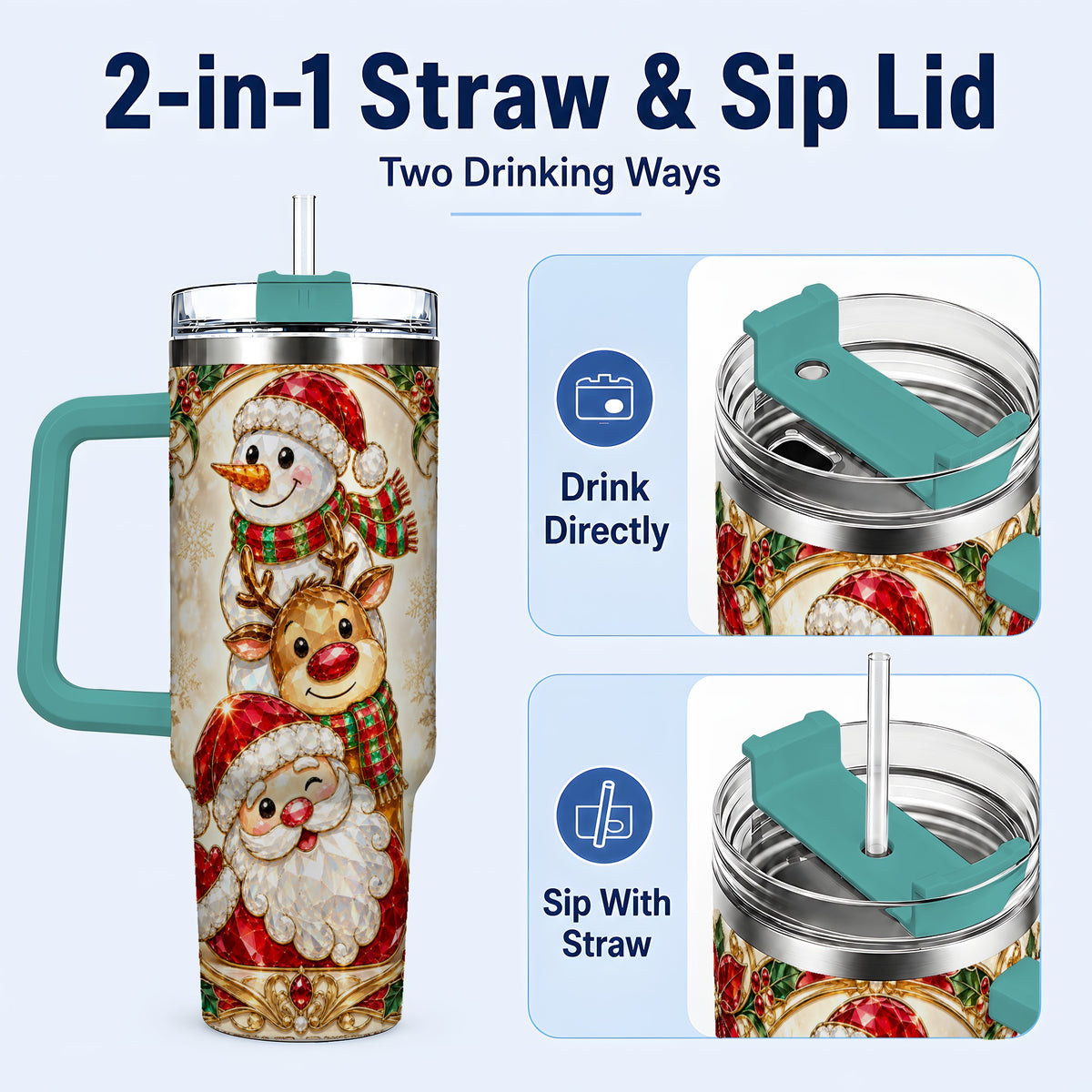 #pl[40oz|Green] Santa Reindeer Snowman 40oz Tumbler with Handle, Holiday Travel Cup
