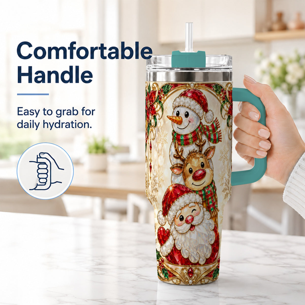 #pl[40oz|Green] Santa Reindeer Snowman 40oz Tumbler with Handle, Holiday Travel Cup