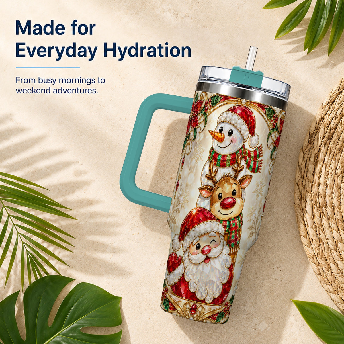 #pl[40oz|Green] Santa Reindeer Snowman 40oz Tumbler with Handle, Holiday Travel Cup