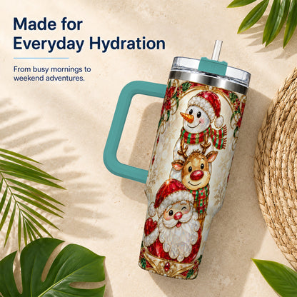 #pl[40oz|Green] Santa Reindeer Snowman 40oz Tumbler with Handle, Holiday Travel Cup