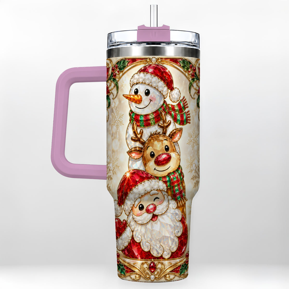 #pl[40oz|Pink] Santa Reindeer Snowman 40oz Tumbler with Handle, Holiday Travel Cup