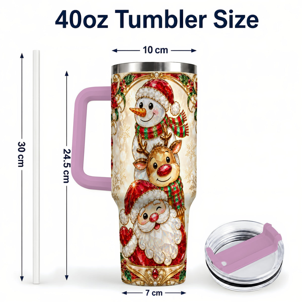 #pl[40oz|Pink] Santa Reindeer Snowman 40oz Tumbler with Handle, Holiday Travel Cup