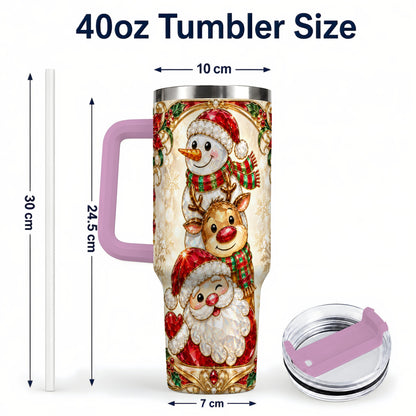#pl[40oz|Pink] Santa Reindeer Snowman 40oz Tumbler with Handle, Holiday Travel Cup