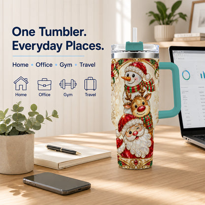 #pl[40oz|Green] Santa Reindeer Snowman 40oz Tumbler with Handle, Holiday Travel Cup