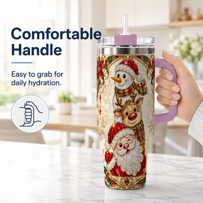 #pl[40oz|Pink] Santa Reindeer Snowman 40oz Tumbler with Handle, Holiday Travel Cup