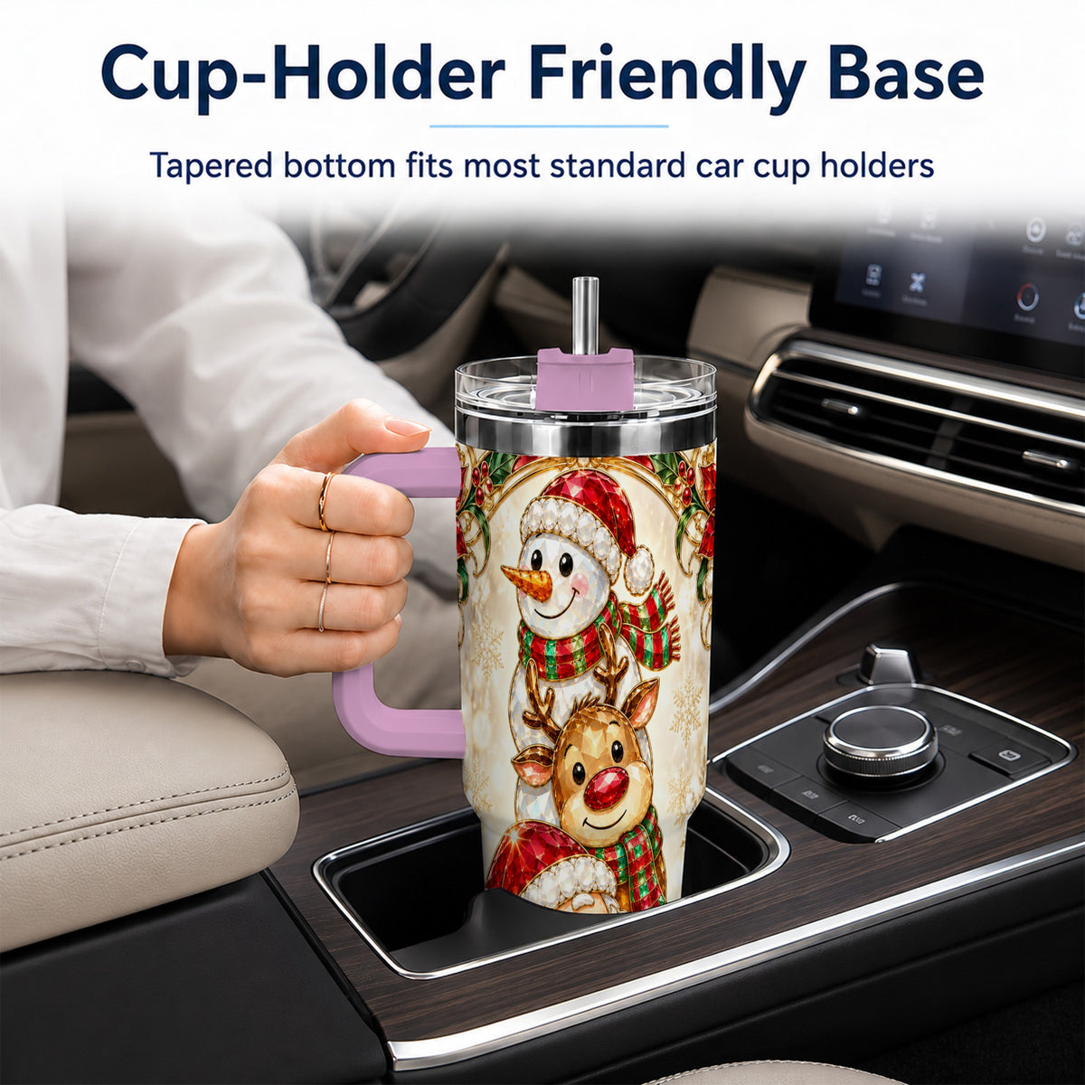 #pl[40oz|Pink] Santa Reindeer Snowman 40oz Tumbler with Handle, Holiday Travel Cup