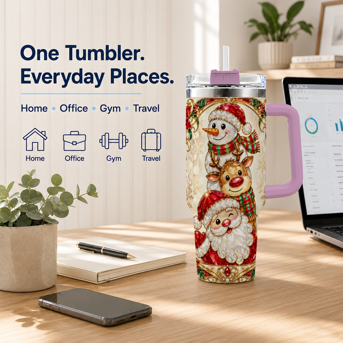 #pl[40oz|Pink] Santa Reindeer Snowman 40oz Tumbler with Handle, Holiday Travel Cup