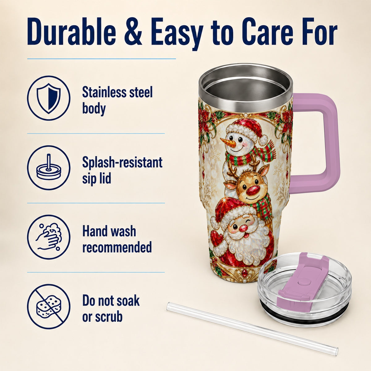 #pl[40oz|Pink] Santa Reindeer Snowman 40oz Tumbler with Handle, Holiday Travel Cup