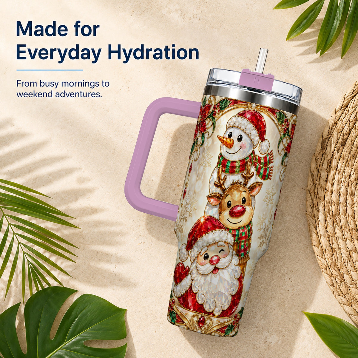 #pl[40oz|Pink] Santa Reindeer Snowman 40oz Tumbler with Handle, Holiday Travel Cup
