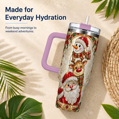 #pl[40oz|Pink] Santa Reindeer Snowman 40oz Tumbler with Handle, Holiday Travel Cup