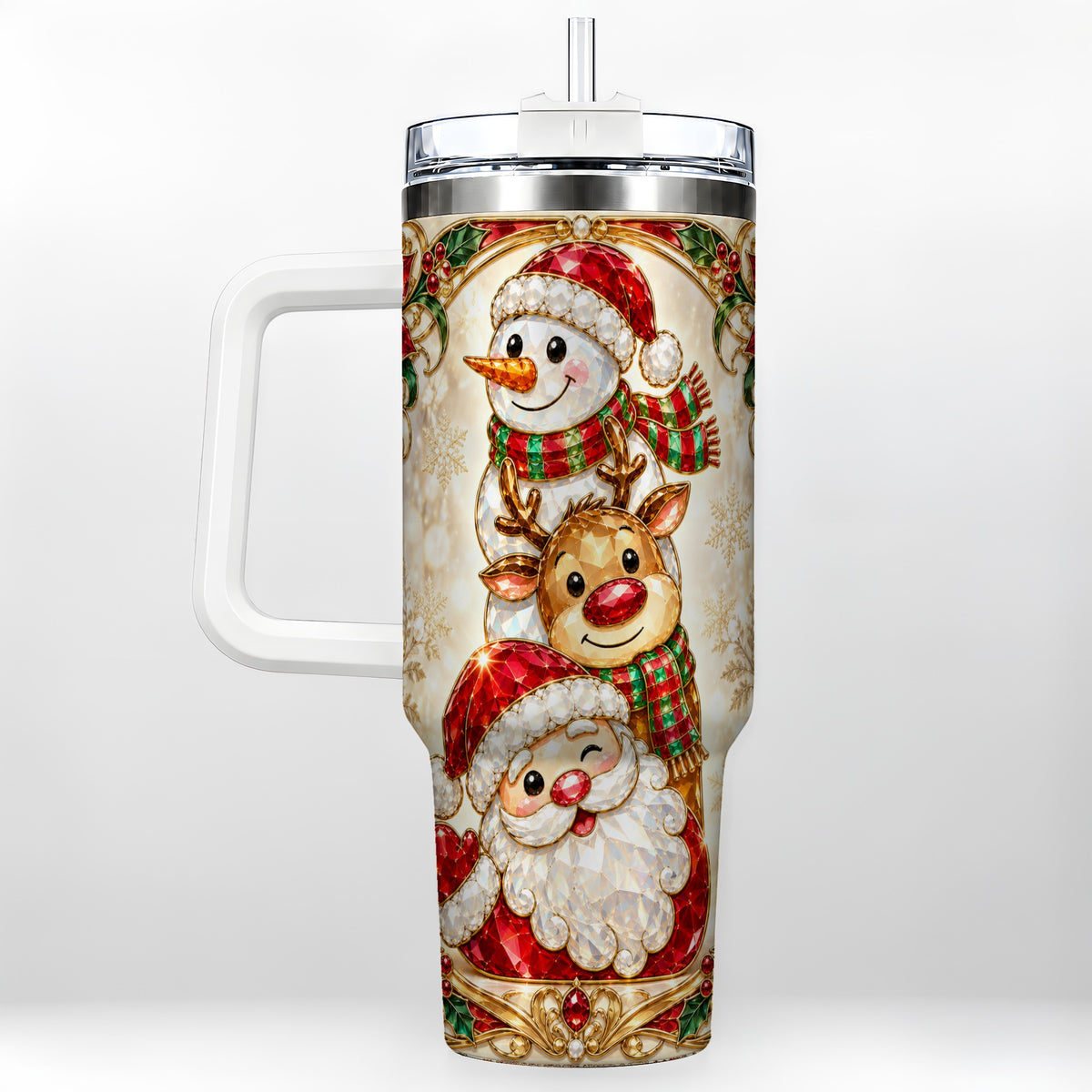 Santa Reindeer Snowman 40oz Tumbler with Handle, Holiday Travel Cup