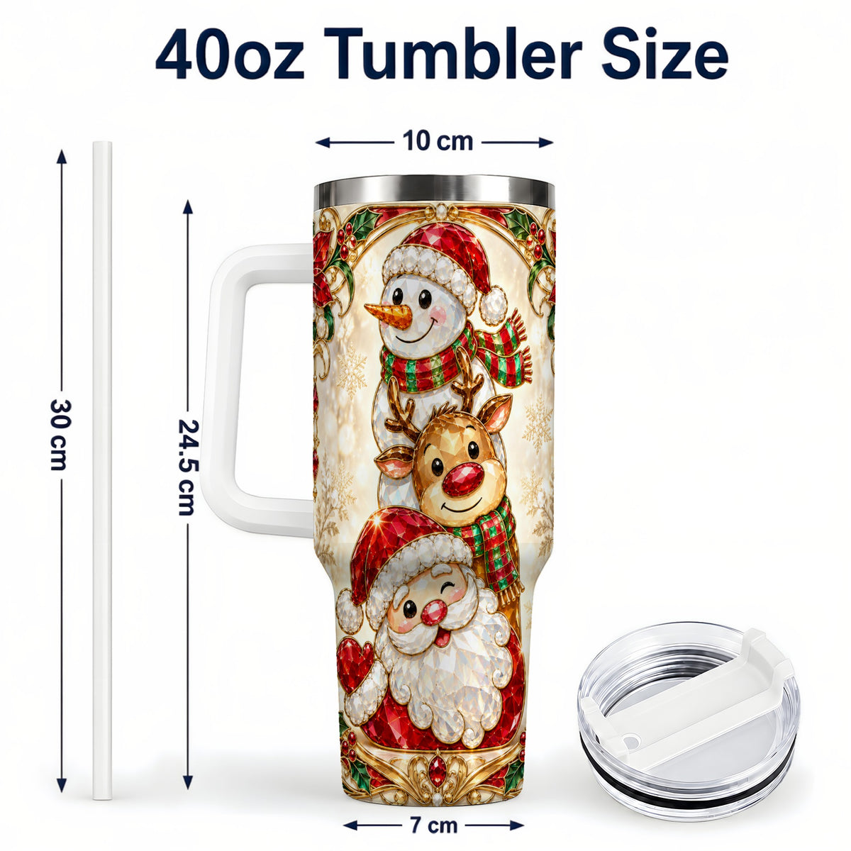 #pl[40oz|White] Santa Reindeer Snowman 40oz Tumbler with Handle, Holiday Travel Cup