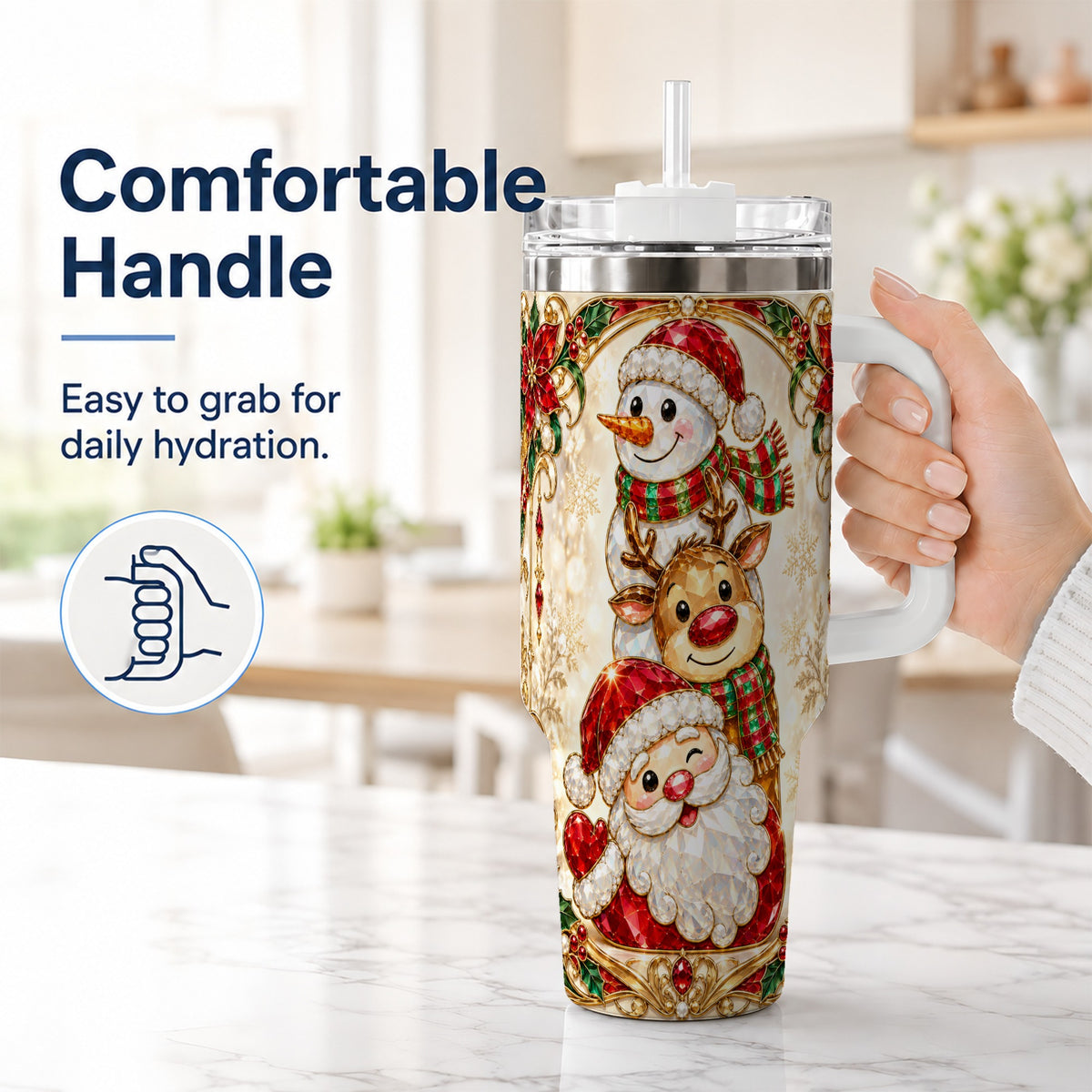 #pl[40oz|White] Santa Reindeer Snowman 40oz Tumbler with Handle, Holiday Travel Cup