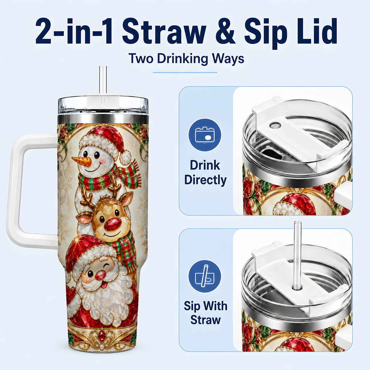 #pl[40oz|White] Santa Reindeer Snowman 40oz Tumbler with Handle, Holiday Travel Cup