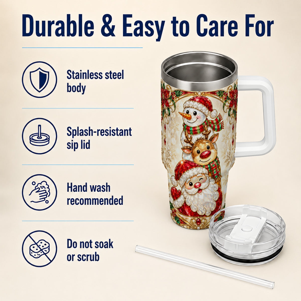 #pl[40oz|White] Santa Reindeer Snowman 40oz Tumbler with Handle, Holiday Travel Cup